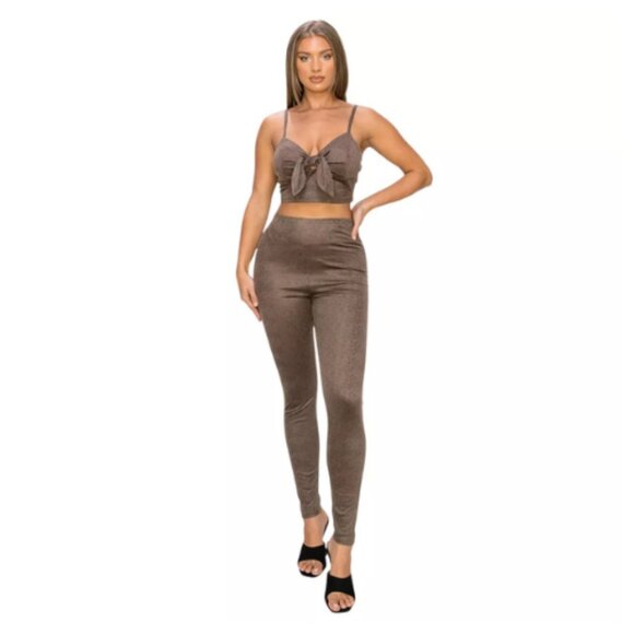 2 Piece Set Embossed Snake Print Crop Top & Leggings, Tie Front & High Waist - Picture 2 of 5